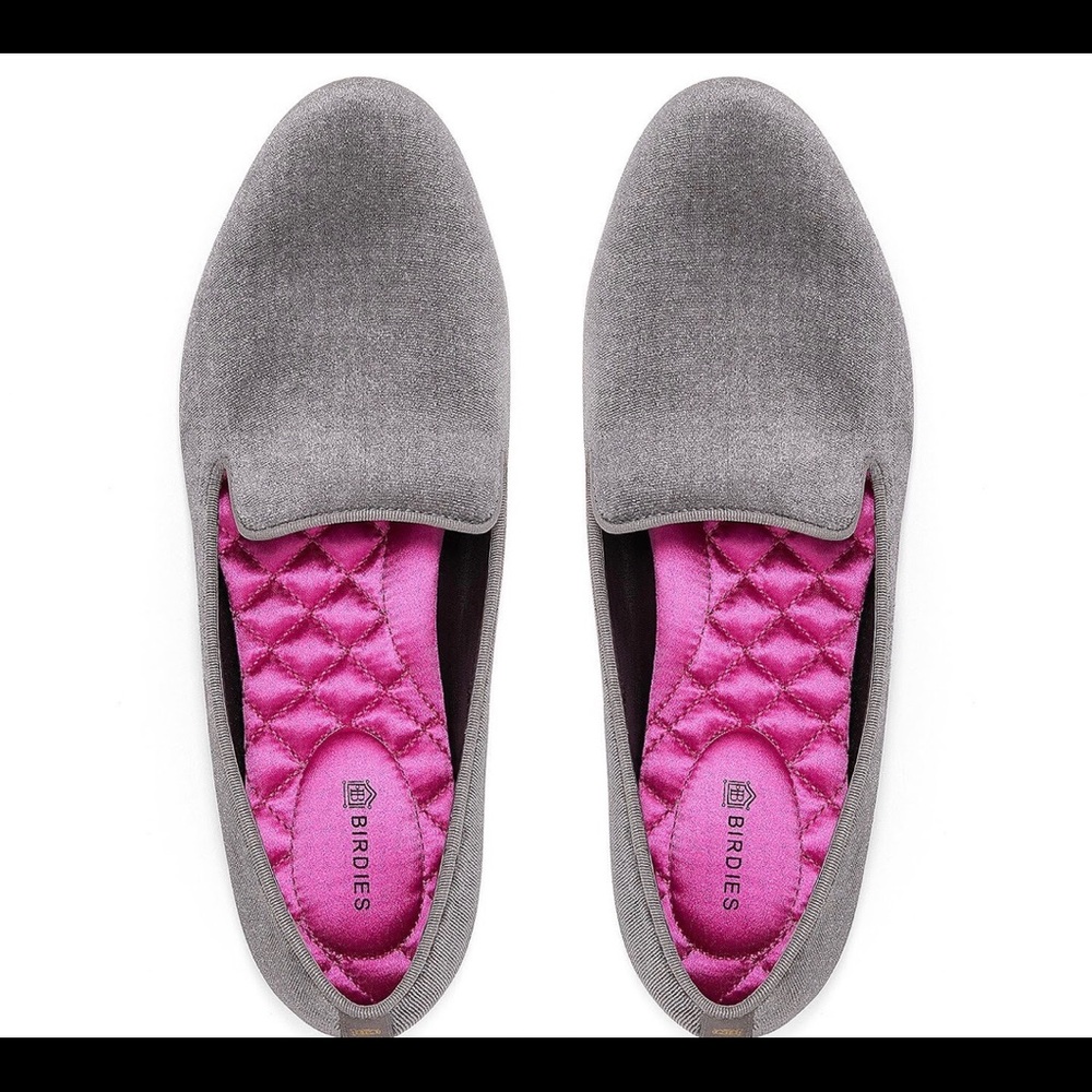 Birdies Gray Velvet Flats with Pink Quilted Insoles